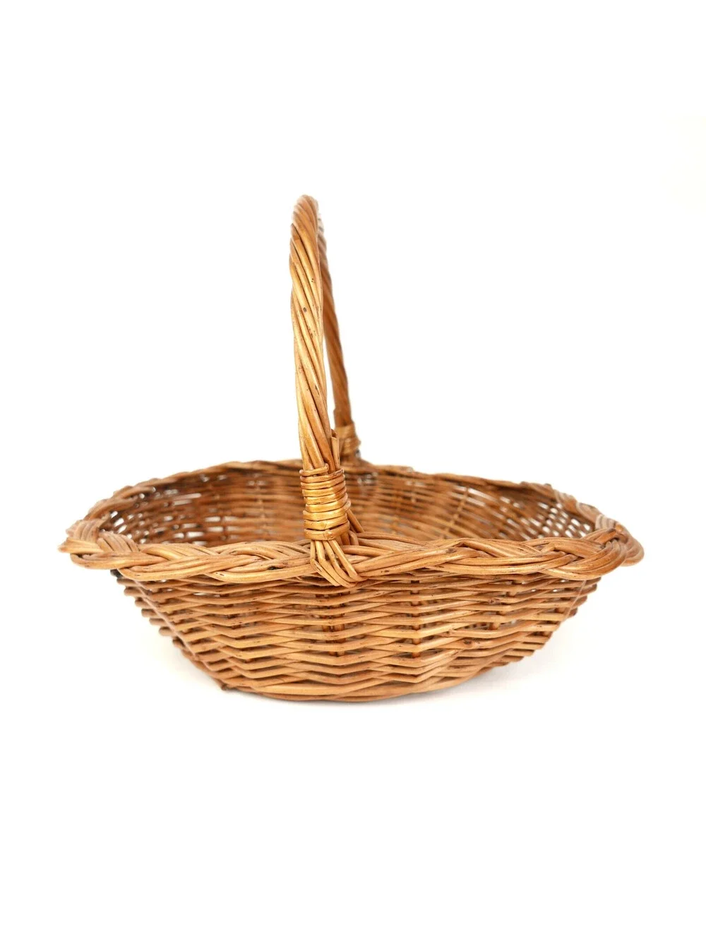 Vintage Wicker Gathering Basket Braided Woven Harvest Handle Mid-Century 12
